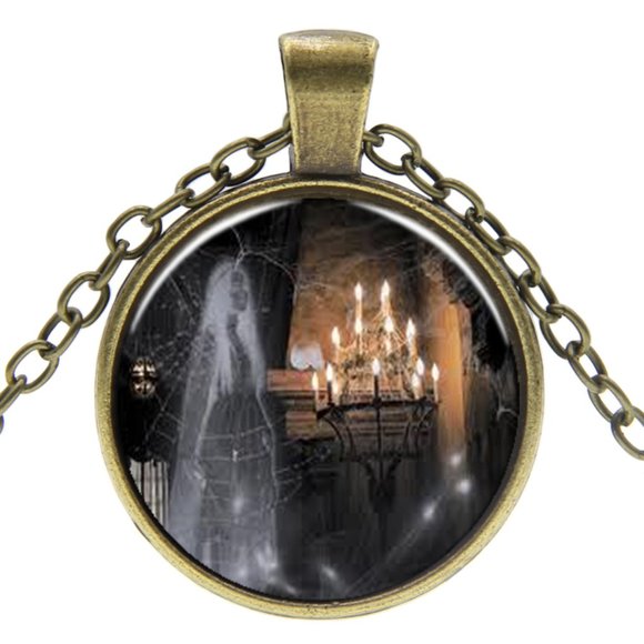 New glass cabochon Halloween necklace with ghost and candles - Picture 1 of 1